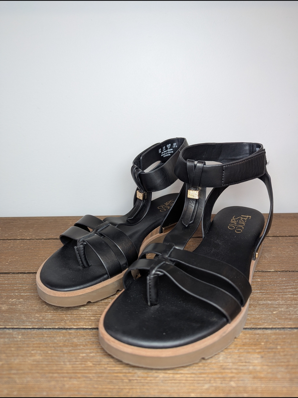 Franco Sarto Women's Size 7 Dosha Black Ankle Strap Gladiator Wedge Sandals